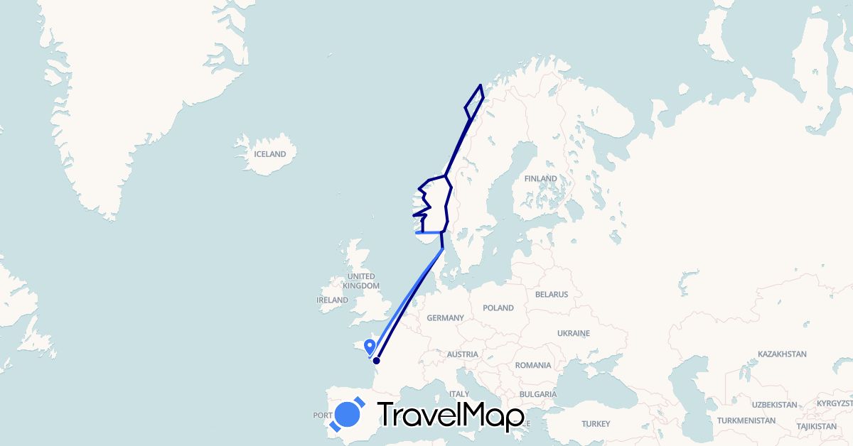 TravelMap itinerary: driving, boat, van in Denmark, France, Norway (Europe)